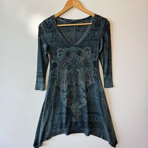 R Rouge Vintage Women Teal Embellished V Neck 3/4 Sleeve Tunic Top Shirt Dress S